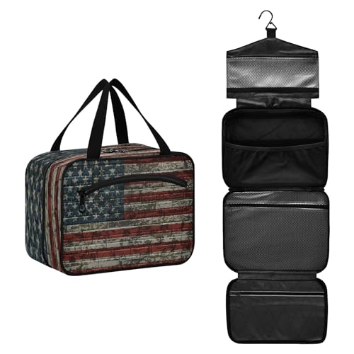 DEHOZO Retro American Flag Stripe Travel Toiletry Bag, Hanging Makeup Bag Organizer for Women Men, Portable Cosmetic Bag Wash Bags for Travel Essentials Toiletries Cosmetics Brushes Shampoo, M, von DEHOZO