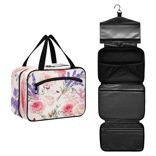 DEHOZO Rose Lavendel Blumen Schmetterling Reise Kulturbeutel, hängende Make-up-Tasche Organizer für Frauen Männer, tragbare Kosmetiktasche Waschbeutel für Reiseutensilien Toilettenartikel Kosmetik von DEHOZO