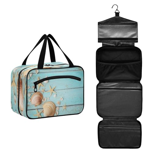 DEHOZO Sommer Muschel Seestern Strand Reise Kulturbeutel, hängende Make-up-Tasche Organizer für Frauen Männer, tragbare Kosmetiktasche Waschbeutel für Reise Essentials Toilettenartikel Kosmetik Pinsel von DEHOZO