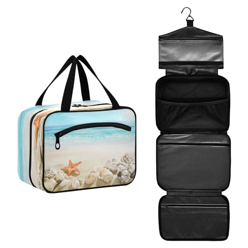 DEHOZO Sommer Seestern Muscheln Strand Reise Kulturbeutel, hängende Make-up-Tasche Organizer für Frauen Männer, tragbare Kosmetiktasche Waschbeutel für Reise Essentials Toilettenartikel Kosmetik von DEHOZO