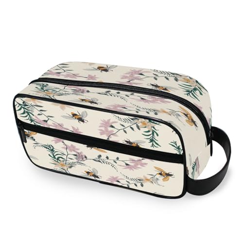 DEHOZO Tragbare Make-up-Tasche, Vintage-Blume, Bienen, kleine Reise-Kosmetiktasche, Kulturbeutel für Damen und Herren, Make-up-Organizer-Tasche, Badezimmer-Make-up-Tasche für Reiseutensilien, von DEHOZO