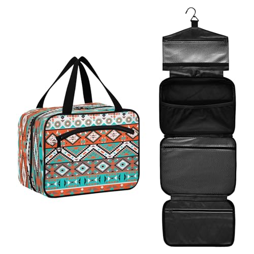 DEHOZO Trippy Aztec Ethnic Geometric Travel Culletry Bag, Hanging Makeup Bag Organizer for Women Men, Portable Cosmetic Bag Wash Bags for Travel Essentials Toiletries Cosmetics Brushes Shampoo, M, von DEHOZO