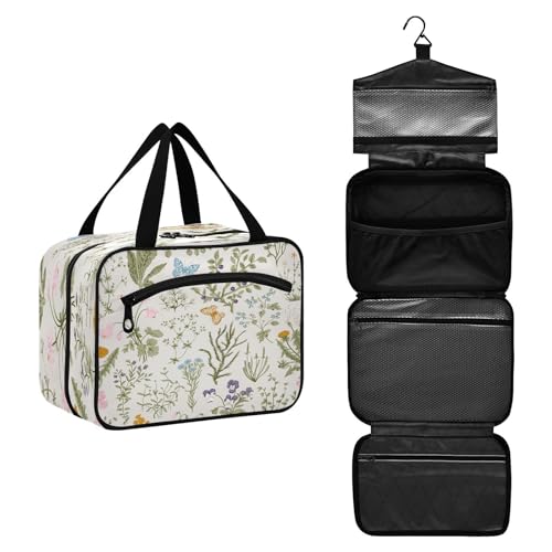 DEHOZO Vintage Kräuter Botanische Blumen Schmetterling Reise Kulturbeutel, hängende Make-up-Tasche Organizer für Frauen Männer, tragbare Kosmetiktasche Waschbeutel für Reise Essentials von DEHOZO