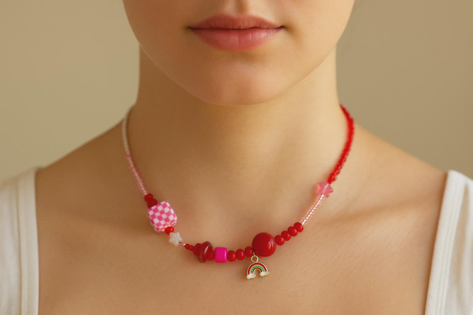 Handgemachte Rosa-Rote Glasperlen Halskette „Candy Rainbow" | Regenbogen Anhänger Verspielter Boho Stil Für Alltag & Geschenk von DEIILA