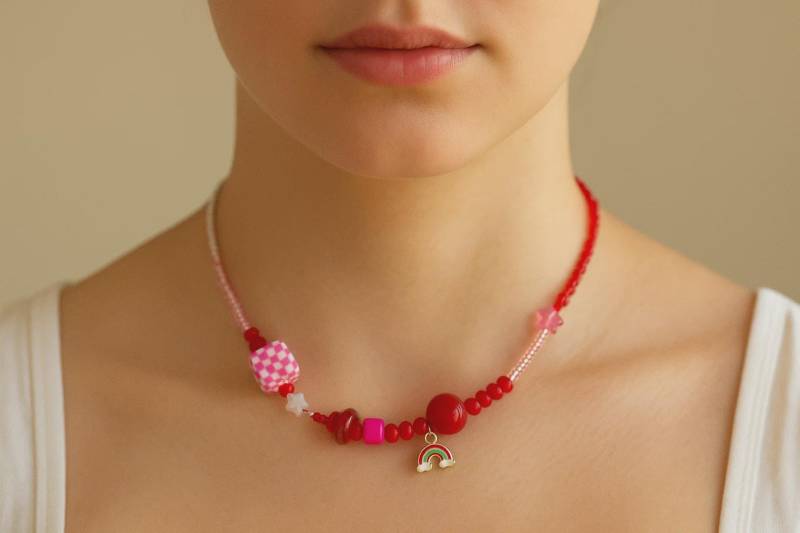 Handgemachte Rosa-Rote Glasperlen Halskette „Candy Rainbow" | Regenbogen Anhänger Verspielter Boho Stil Für Alltag & Geschenk von DEIILA