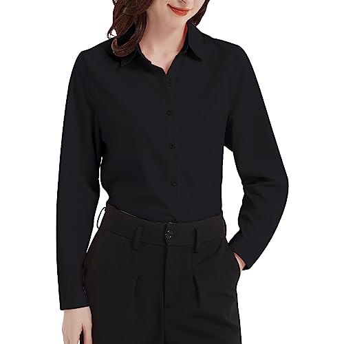 Damen Button Down Shirt V-Ausschnitt Langarm Formelles Kleid Arbeitshemd Casual Bluse Tops, Schwarz , 3XL von DEISIR