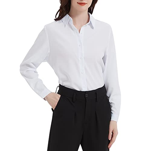 Damen Button Down Shirt V-Ausschnitt Langarm Formelles Kleid Arbeitshemd Casual Bluse Tops, weiß, 3XL von DEISIR