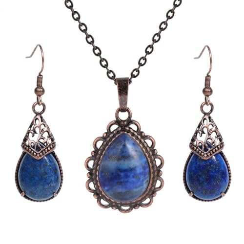 DEJIN 1 Set Naturstein Ohrringe Halskette Set für Frauen Wassertropfen Anhänger Vintage Antik Edelstahl Kette, Stein von DEJIN