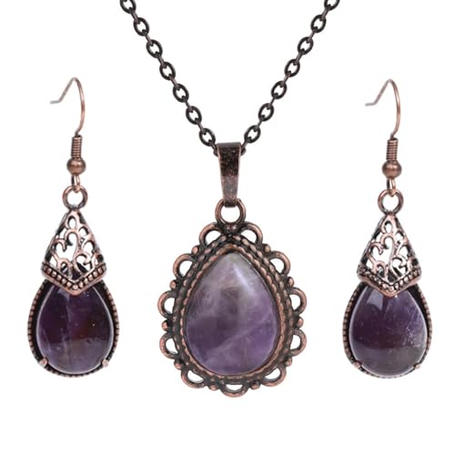 DEJIN 1 Set Naturstein Ohrringe Halskette Set für Frauen Wassertropfen Anhänger Vintage Antik Edelstahl Kette, Stein von DEJIN