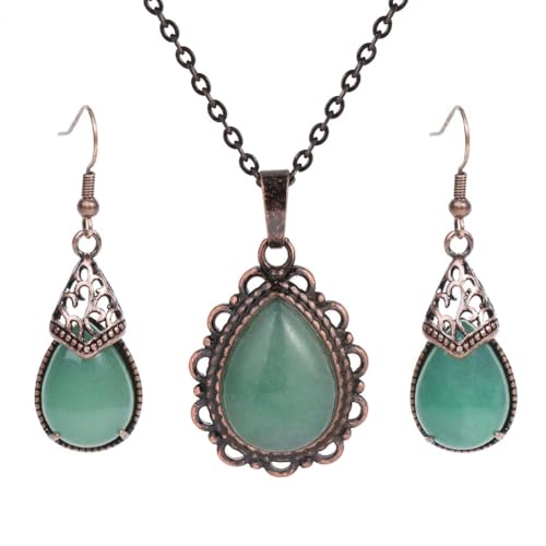 DEJIN 1 Set Naturstein Ohrringe Halskette Set für Frauen Wassertropfen Anhänger Vintage Antik Edelstahl Kette, Stein von DEJIN