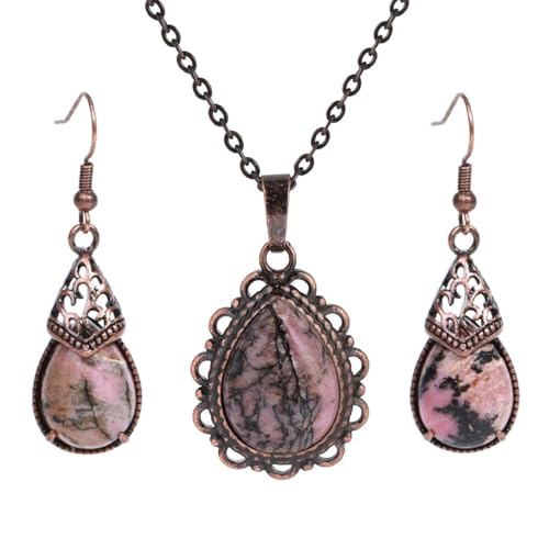 DEJIN 1 Set Naturstein Ohrringe Halskette Set für Frauen Wassertropfen Anhänger Vintage Antik Edelstahl Kette, Stein von DEJIN