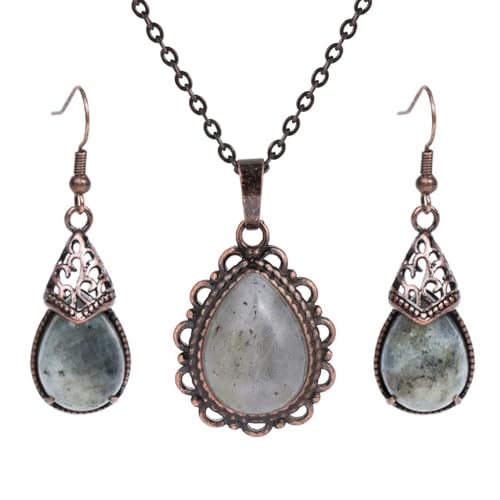 DEJIN 1 Set Naturstein Ohrringe Halskette Set für Frauen Wassertropfen Anhänger Vintage Antik Edelstahl Kette, Stein von DEJIN