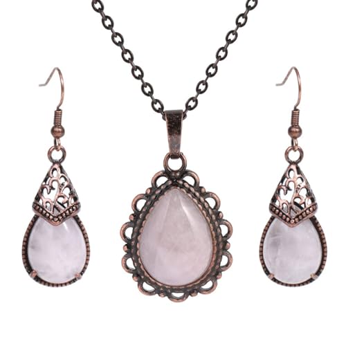 DEJIN 1 Set Naturstein Ohrringe Halskette Set für Frauen Wassertropfen Anhänger Vintage Antik Edelstahl Kette, Stein von DEJIN