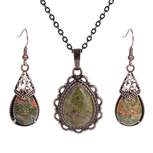 DEJIN 1 Set Naturstein Ohrringe Halskette Set für Frauen Wassertropfen Anhänger Vintage Antik Edelstahl Kette, Stein von DEJIN