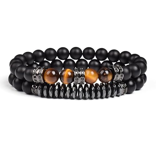 DEJIN 2 Stück natürliche Tigeraugen-Steine schwarz matt Achat Perlen Armband Homme Stretch Onyx Armbänder Geschenke für Männer, Stein von DEJIN