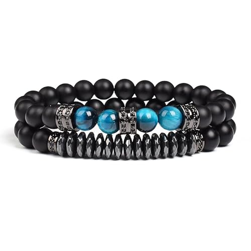DEJIN 2 Stück natürliche Tigeraugen-Steine schwarz matt Achat Perlen Armband Homme Stretch Onyx Armbänder Geschenke für Männer, Stein von DEJIN