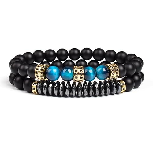 DEJIN 2 Stück natürliche Tigeraugen-Steine schwarz matt Achat Perlen Armband Homme Stretch Onyx Armbänder Geschenke für Männer, Stein von DEJIN