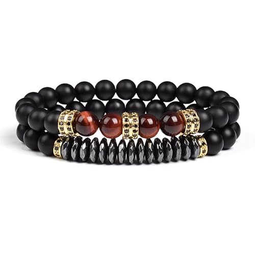 DEJIN 2 Stück natürliche Tigeraugen-Steine schwarz matt Achat Perlen Armband Homme Stretch Onyx Armbänder Geschenke für Männer, Stein von DEJIN