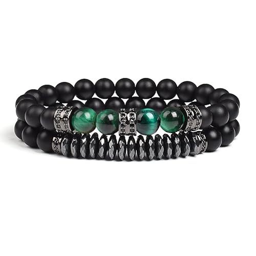 DEJIN 2 Stück natürliche Tigeraugen-Steine schwarz matt Achat Perlen Armband Homme Stretch Onyx Armbänder Geschenke für Männer, Stein von DEJIN