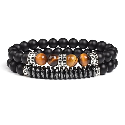 DEJIN 2 Stück natürliche Tigeraugen-Steine schwarz matt Achat Perlen Armband Homme Stretch Onyx Armbänder Geschenke für Männer, Stein von DEJIN
