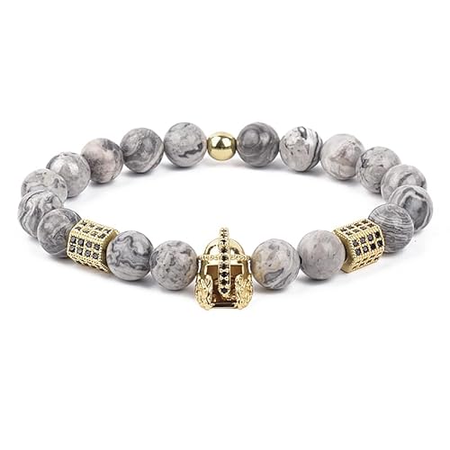 DEJIN 8 mm Naturkarten Steinperlen Elastisches Armband Herren Damen Römischer Ritterkopf Krieger Gladiator Helm Armreifen, Stein von DEJIN