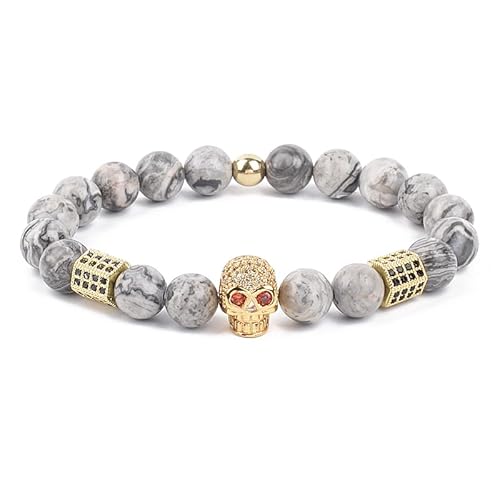 DEJIN 8 mm Naturkarten Steinperlen Elastisches Armband Herren Damen Römischer Ritterkopf Krieger Gladiator Helm Armreifen, Stein von DEJIN