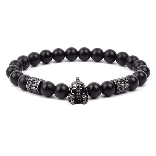 DEJIN 8 mm Naturkarten Steinperlen Elastisches Armband Herren Damen Römischer Ritterkopf Krieger Gladiator Helm Armreifen, Stein von DEJIN