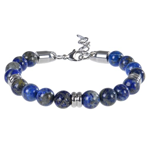 DEJIN 8 mm Naturstein-Lapislazuli-Perlenarmband, verstellbar, Edelstahl-Kette, Armband für Männer und Frauen, handgefertigte Geschenke, Stein von DEJIN