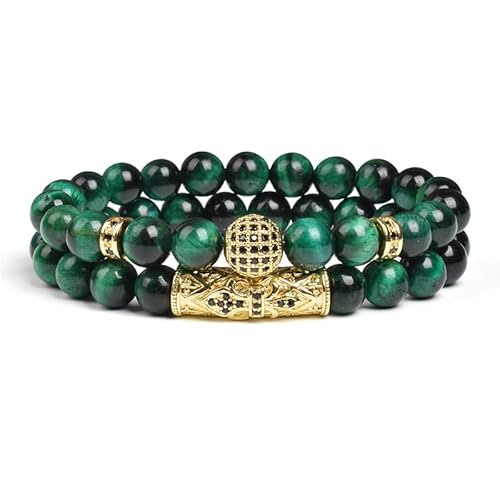 DEJIN 8 mm Tigeraugen-Perlenarmband, elastisch, Naturstein, Yoga-Armband für Damen und Herren, Zirkonia-Kugeln, 2 Stück, Stein von DEJIN