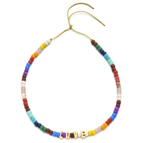 DEJIN Boho-Stil, handgefertigte Halskette, Natursteinperlen, Buchstaben-Liebesanhänger, Halskette, Geschenk für Frauen von DEJIN