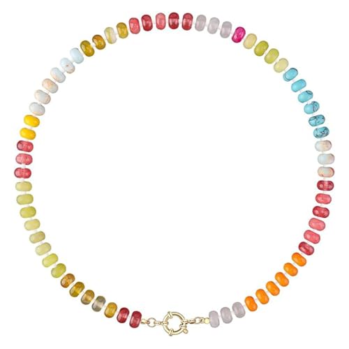 DEJIN Bunte Steinperlen-Halsketten für Damen, Regenbogen-Naturstein, Boho, handgefertigt, Edelstahl-Strang-Halskette, Stein von DEJIN