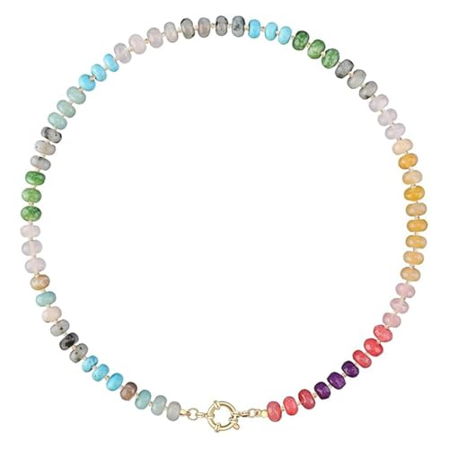 DEJIN Bunte Steinperlen-Halsketten für Damen, Regenbogen-Naturstein, Boho, handgefertigt, Edelstahl-Strang-Halskette, Stein von DEJIN