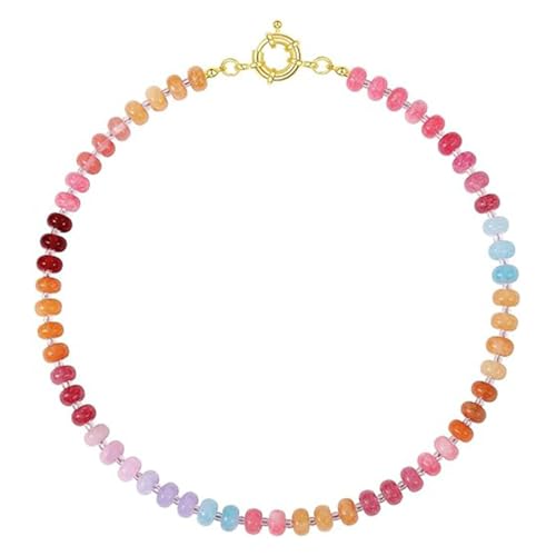 DEJIN Bunte Steinperlen-Halsketten für Damen, Regenbogen-Naturstein, Boho, handgefertigt, Edelstahl-Strang-Halskette, Stein von DEJIN