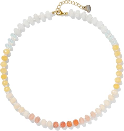 DEJIN Bunte Steinperlen-Halsketten für Damen, Regenbogen-Naturstein, Boho, handgefertigt, Edelstahl-Strang-Halskette, Stein von DEJIN