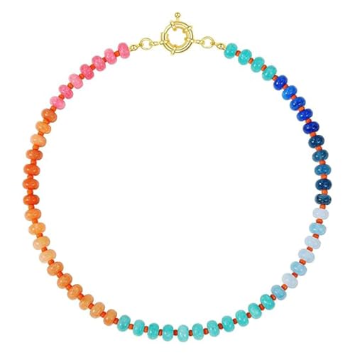 DEJIN Bunte Steinperlen-Halsketten für Damen, Regenbogen-Naturstein, Boho, handgefertigt, Edelstahl-Strang-Halskette, Stein von DEJIN