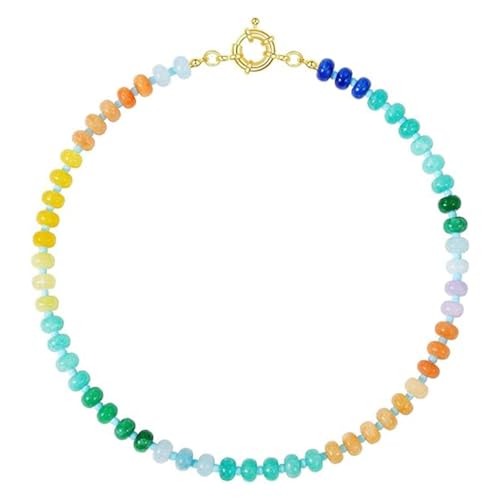 DEJIN Bunte Steinperlen-Halsketten für Damen, Regenbogen-Naturstein, Boho, handgefertigt, Edelstahl-Strang-Halskette, Stein von DEJIN