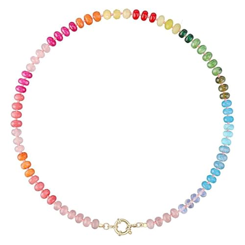 DEJIN Bunte Steinperlen-Halsketten für Damen, Regenbogen-Naturstein, Boho, handgefertigt, Edelstahl-Strang-Halskette, Stein von DEJIN