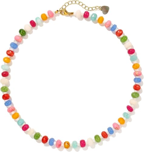 DEJIN Bunte Steinperlen-Halsketten für Damen, Regenbogen-Naturstein, Boho, handgefertigt, Edelstahl-Strang-Halskette, Stein von DEJIN