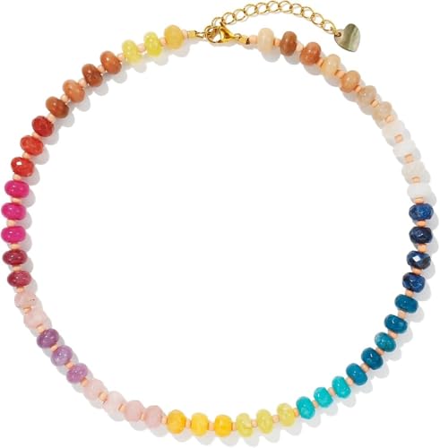 DEJIN Bunte Steinperlen-Halsketten für Damen, Regenbogen-Naturstein, Boho, handgefertigt, Edelstahl-Strang-Halskette, Stein von DEJIN