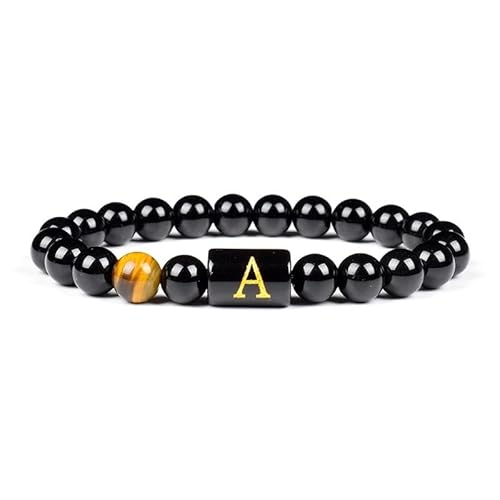 DEJIN Initialen-Armbänder für Herren, Buchstaben-Glied, handgefertigt, natürlicher schwarzer Onyx, Tigerauge, Perlen, Armband, polierter schwarzer Achat, Stein von DEJIN