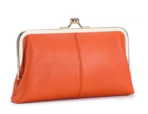 DEJIN Lange Geldbörse aus hochwertigem Echtleder, große Kapazität, Schnalle, Damengeldbörse, Ausweistasche, modische einfache Clutch, Kartenhalter, Diebstahlsicherungsbrieftasche, Orange, Carry-On von DEJIN
