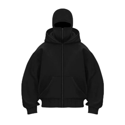 DEJIN Polar Mask Hoodie Herren Fashion Down Full Zip Hoodie mit Gesichtsmaske Sturmhaube Warm Winddicht Sweatshirt, Schwarz , L von DEJIN