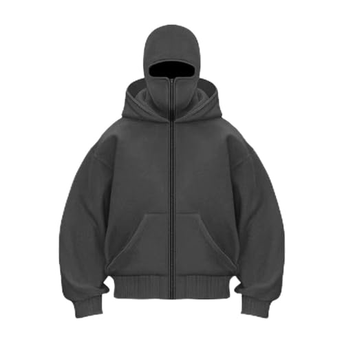 DEJIN Polar Mask Hoodie Herren Fashion Down Full Zip Hoodie mit Gesichtsmaske Sturmhaube Warm Winddicht Sweatshirt, grau, L von DEJIN