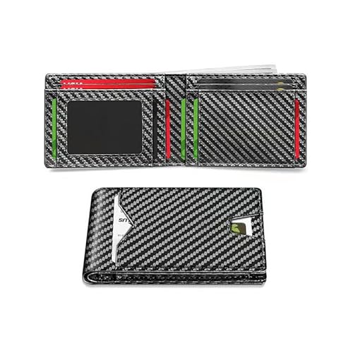 DEJIN Schlanke Geldbörse für Herren mit Geldklammer und Ausweisfenster, schlanke RFID-blockierende Geldbörse aus Kohlefaser-Leder mit bis zu 12 Kreditkartenfächern, minimalistische doppelt gefaltete von DEJIN