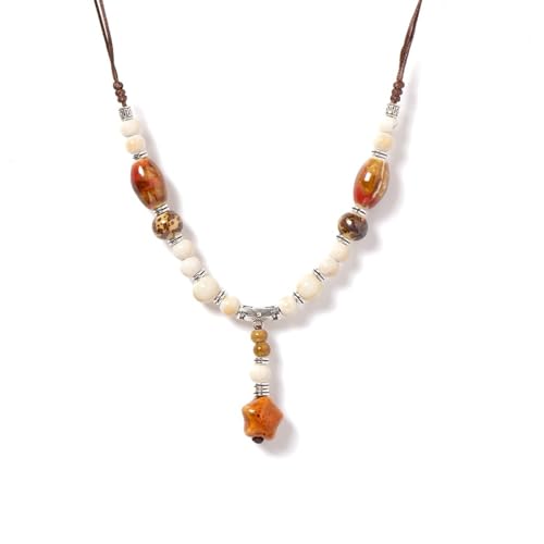 DEJIN Vintage Keramik Seestern Muschel Halskette Boho handgefertigt für Frauen verstellbar langer Anhänger 40-80 cm, Stein von DEJIN