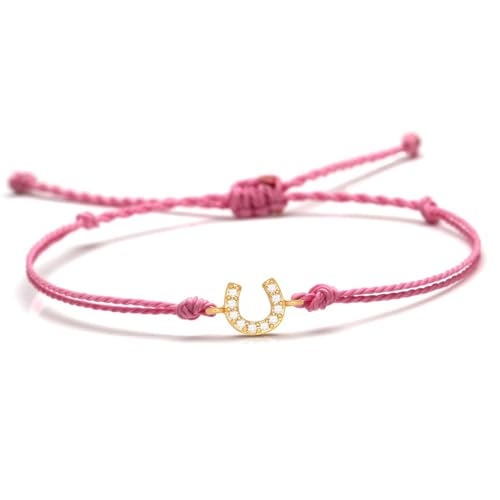 DEJIN Winziges Hufeisenarmband mit kubischen Zirkonia-Kristallen, für Damen und Herren, rot, schwarz, weiß, grün, gewachste Schnur, Messing, CZ geflochten, Stein von DEJIN
