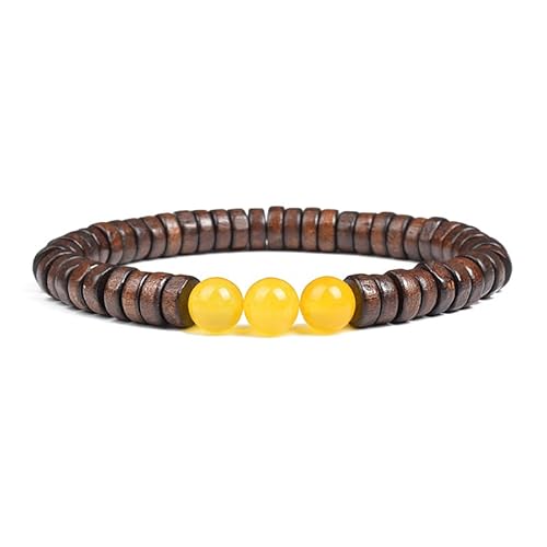 DEJIN Zylindrische Holzperlen mit Naturstein-Armband für Männer und Frauen, elastisches Seil, gelber Tigeraugenstein und Holzarmreif, Stein von DEJIN
