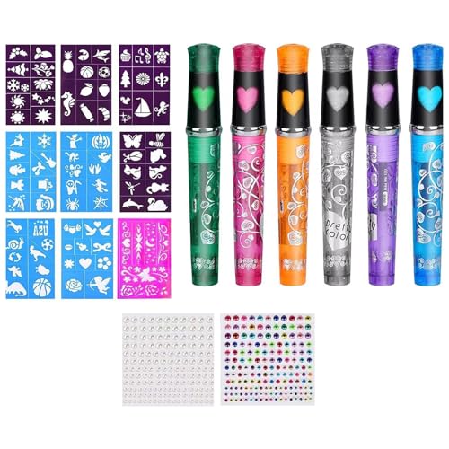6 Color Body Art Pen Set Für Kinder Erwachsene Glitzernde Temporäre Körperkunststift Waschmaschine Mit Schablonen Und Aufkleber von DEKKRYNFV