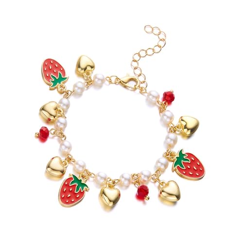 DEKKRYNFV Armbanddekoration Für Berufsstile Für Trendige Frauen Mit Erdbeer Kirsch Herz Und Perlenperlen Tägliche Verwendung Partyfeier Schmuck Schmuck von DEKKRYNFV