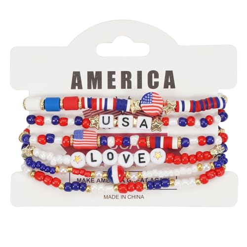 DEKKRYNFV Packung Von 6 Modischen Patriotischen Perlenarmbändern Elastizität 4. Juli Schmuck Amerikaner Flag Star Charm Party Accessoires Elastische Stretcharmbänder von DEKKRYNFV